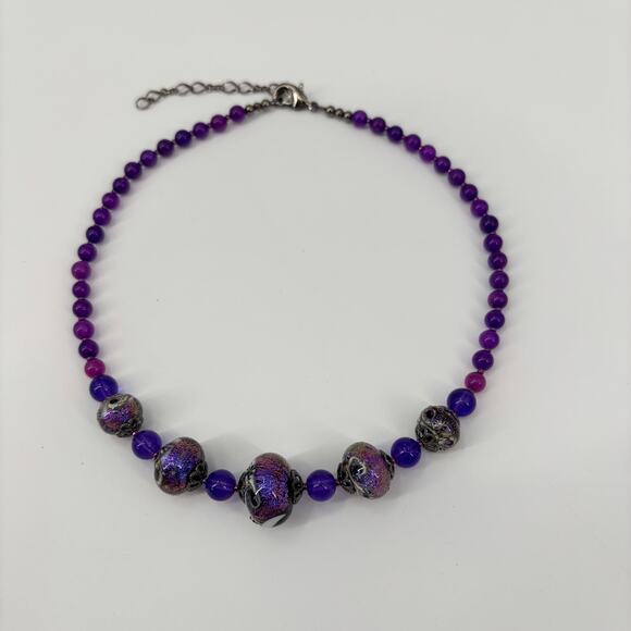 Purple Beaded Necklace with Galaxy-Inspired Statement Beads 19" Collar Length - Picture 4 of 6